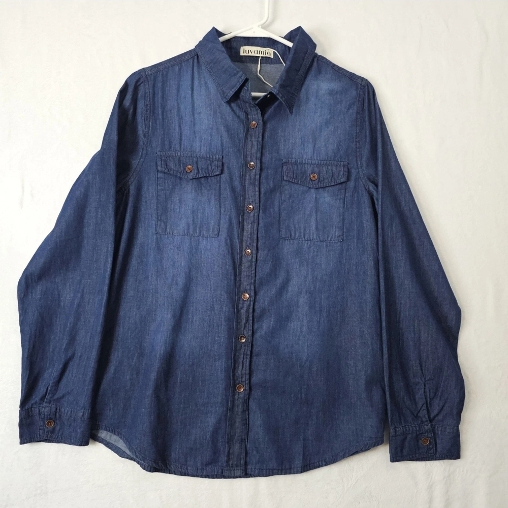luvamia Denim Shirt Women Size Medium Jean Western  Long Sleeve Button Down